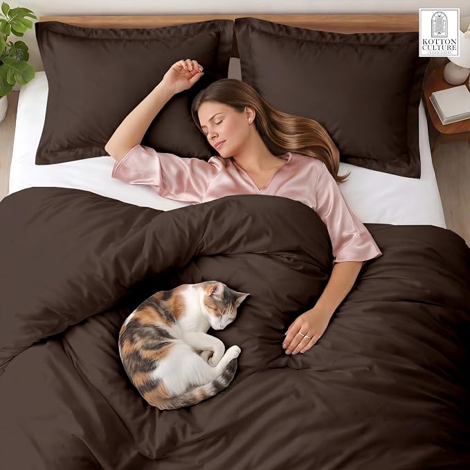 Kotton Culture 3 Pc 120" x 98" Duvet Cover Set Oversized King 100% Egyptian Cotton - 600 Thread Count Comforter Cover, Zipper Closure & Corner Ties - Fits Large King Inserts - Chocolate