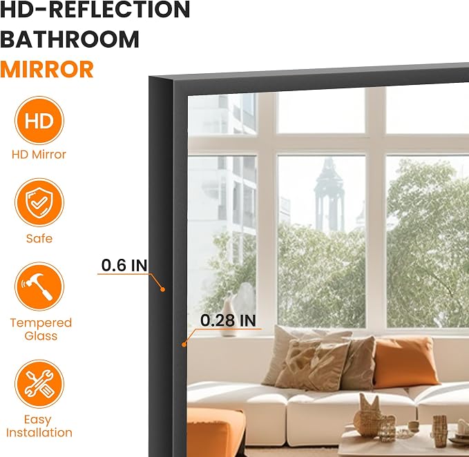 Bathroom Vanity Mirror for Wall, 60"x30" Bathroom Mirror for Over Sink | HD Shatterproof Glass, Rectangular Metal Frame, Horizontally or Vertically, Mirror for Bathroom, Living Room, Entryway(Black)