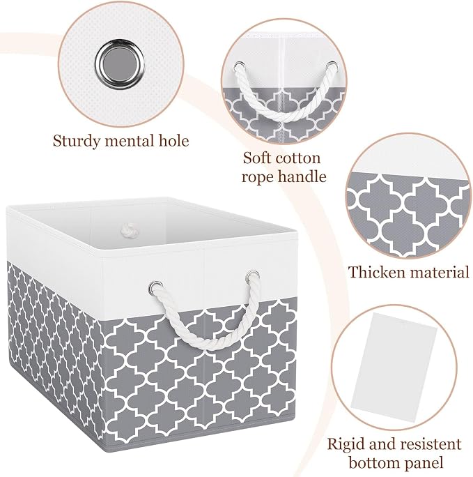 Storage Bins 2-Pack, Foldable Storage Baskets for Organizing Toys, Books, Shelves, Closet, Large Storage Box with Rope Handles, Sturdy Organizer Bins,Clover Grey