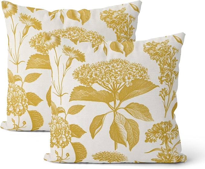 Mustard Yellow Pillow Covers 18x18 Inch 2 Pcs Boho Vintage Floral Decor Throw Pillows Hydrangea Flower Summer Outdoor Farmhouse Neutral Accent Decoration Pillowcase Linen Cushion Cover for Sofa