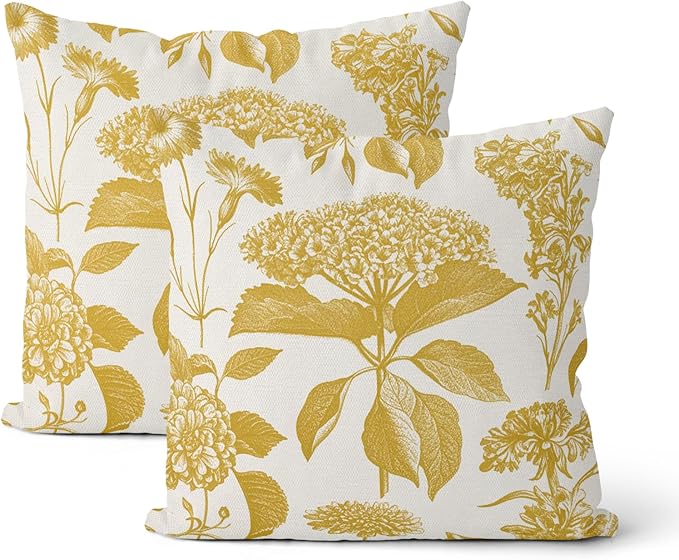 Mustard Yellow Pillow Covers 20x20 Inch 2 Pcs Boho Vintage Floral Decor Throw Pillows Hydrangea Flower Summer Outdoor Farmhouse Neutral Accent Decoration Pillowcase Linen Cushion Cover for Sofa