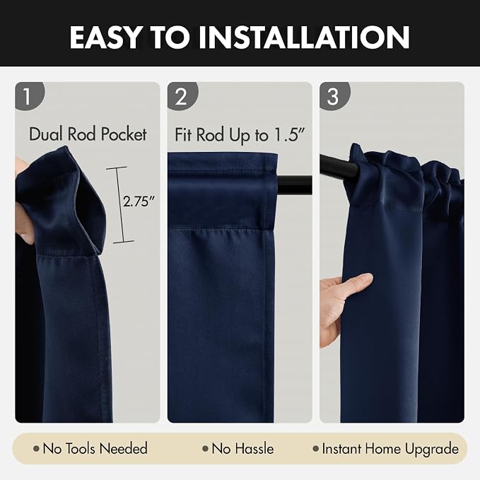MIULEE 4-Panel 36 Inch Blackout Kitchen Tier Curtains Over Sink Navy Blue | Privacy Protection, Heat/Light Blocking, Cafe Curtains, Top&Bottom Rod Pocket, Suitable for Small Windows, Soft&Durable