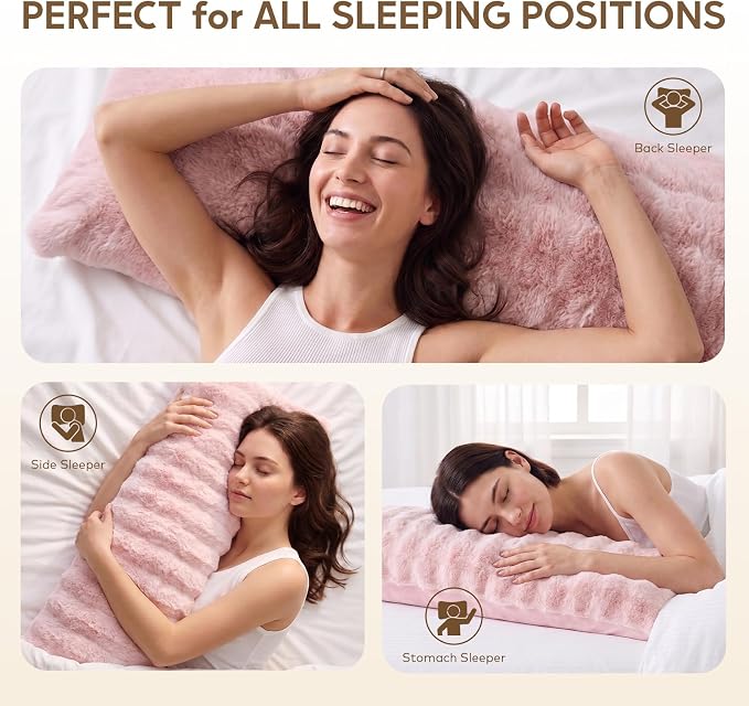 DOWNCOOL Premium Large Body Pillow Insert with Faux Rabbit Fur Cover - Large Full Body Pillows for Adults - Soft Long Bed Pillows for Side Sleepers - 20x54 inch (Pink, with Cover)
