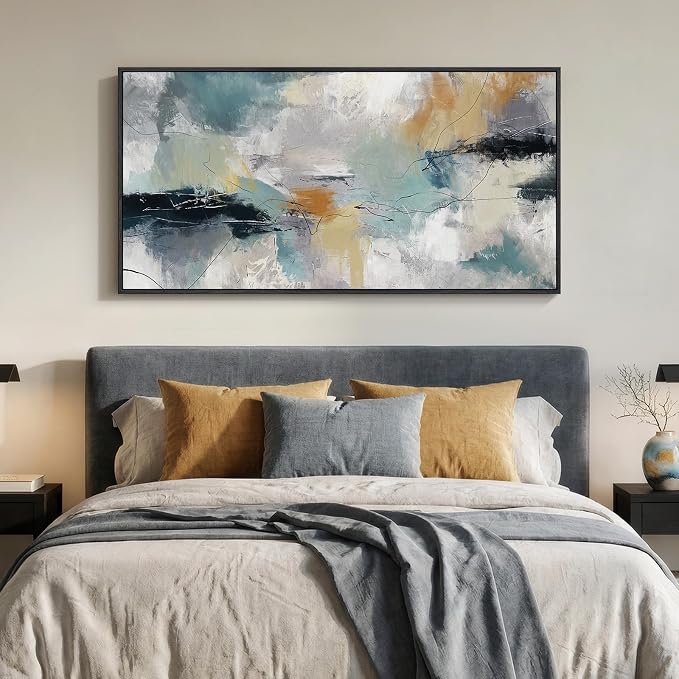 Large Framed Gray Teal Abstract Wall Art for Living Room, Horizontal 30x60 | Modern pictures, Canvas prints, Wood frame, Minimalist paintings artwork for walls, Wall decor for bedroom dining room office