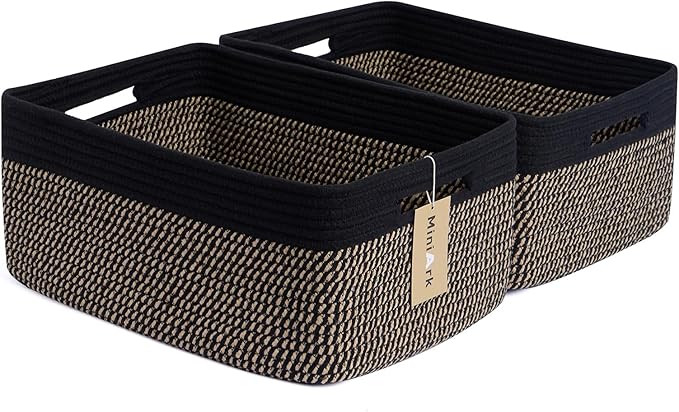 MiniArk Large Storage Baskets for Shelves, 17 x 13 x 7.5” Closet Organizers Bins for Clothes Blanket Towels, Baby Nursery, Toy Baskets Box, Woven Rope Baskets, 2 Packs Woven Brown