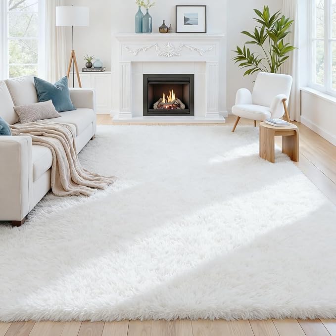 8x10 Fluffy Shag Area Rugs for Living Room Bedroom: Soft Plush Carpet White | Upgraded Non-Slip Thick Memory Foam, Ultra Soft, Non-Shedding Fuzzy Carpet, Easy Clean Decor for Kids Room, Nursery, Playroom
