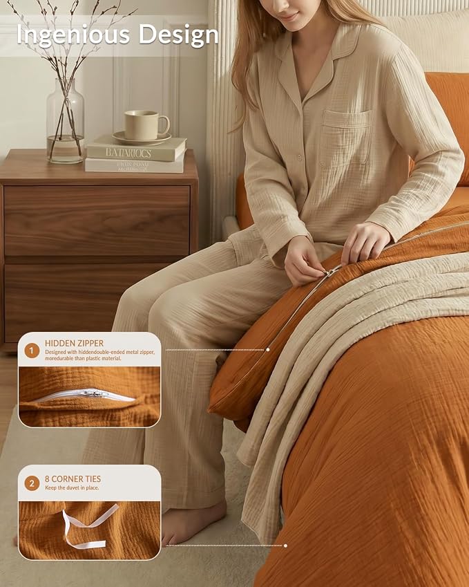 SE SOFTEXLY Muslin Duvet Cover King Size, 100% Washed Cotton Duvet Cover Set, Ultra Soft Comforter Cover Linen Like, 3 Pieces Minimalist Gauze Duvet Cover with 2 Pillowcases, 90"x104", Pumpkin