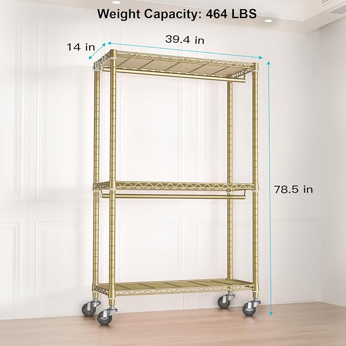 FUTASSI Rolling Clothes Rack, Clothing Racks for Hanging Clothes, Gold | P3 Heavy Duty Garment Rack with Wheels, Freestanding Portable Closet Racks 39.4'' W x 14'' D x 78.5'' H, Max Load 470 LBS
