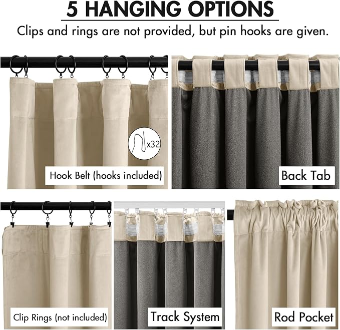 MIULEE Velvet Curtains 50W x 96L 2 Panels Beige Blackout Curtains | Luxury velvet fabric, pinch pleat design, back tab hooks, thermal insulated, blackout light blocking, for living room bedroom