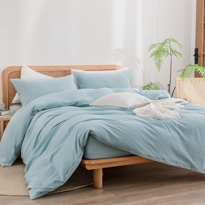 BESTOUCH Cotton Solid Duvet Cover Set Linen Feel Hushed Green Queen | 100% Washed Cotton, Soft Wrinkle Texture, Hidden Zipper, 8 Ties, Breathable Lightweight Durable Comfy, 3 Pcs No Insert