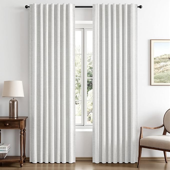 MIULEE 100% Blackout Linen Curtains 42 x 84 Inch Heathered White 2 Panels | Thermal Insulated, Room Darkening Drapes for Bedroom Living Room, Back Tab Rod Pocket Pinch Pleated, Solid Luxury Decor