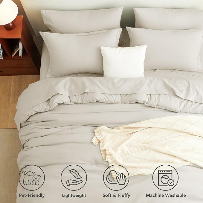Twin XL Comforter Beige, 5 Pieces Bed in a Bag | College Dorm Essentials, OEKO-TEX Certified, 240GSM Down Alternative Comforter, Flat & Fitted Sheets, Pillowcase & Sham