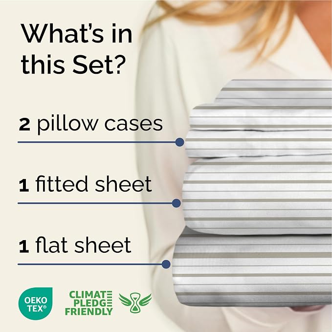 King 4 Piece Striped Sheet Set - Soft, Breathable & Cooling - Double Gray | 1 Flat, 1 Fitted & 2 Pillowcases w/ Deep Pockets, Luxury Striped Bedding, Soft, Breathable & Cooling, Wrinkle & Fade Free