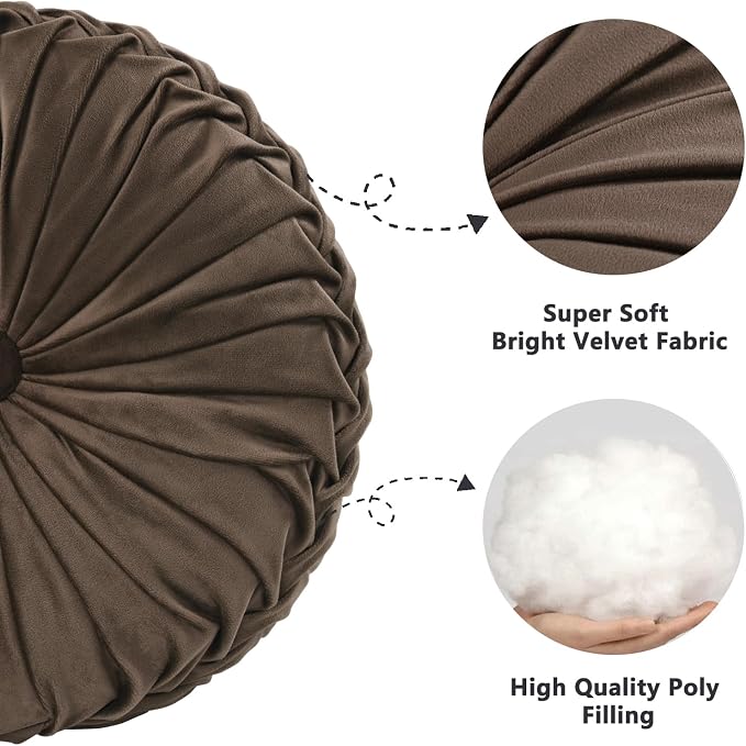 HIG Set of 2 Chocolate Velvet Decorative Round Pleated Throw Pillows | Vintage Floor Pillows, Classy Accent Pumpkin with Center Button, for Sofa Couch Vanity Chair Bed, 14.5" Diameter