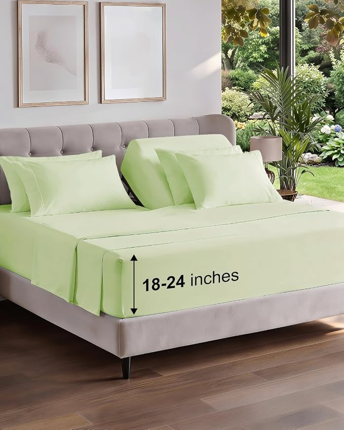 Extra Deep Flex Top Split Head King Sheet Set - 6 Piece Breathable and Cooling Sheets - Hotel Luxury Bedding for Women, Men, Kids & Teens - Easy Secure Fit - Extra Deep Pockets - Light Sage Green