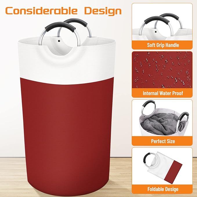 BlissTotes 90L Laundry Basket, Freestanding Collapsible Hamper, Red | Collapsible Dirty Clothes Hamper, Foldable Laundry Bag for Dorm, Waterproof Fabric, Padded Aluminum Handles