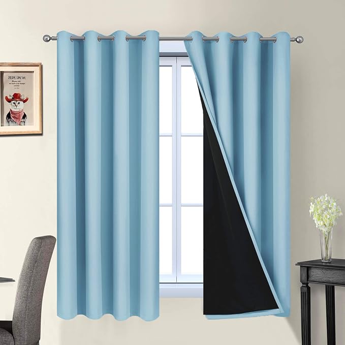 Yakamok Sky Blue 100% Blackout Curtains 63 Inches Long 52" Wide 2 Panel | Blackout Curtain Panels for Bedroom, 2 Thick Layers Grommet Top Thermal Insulated Drapes with Black Liner for Living Room
