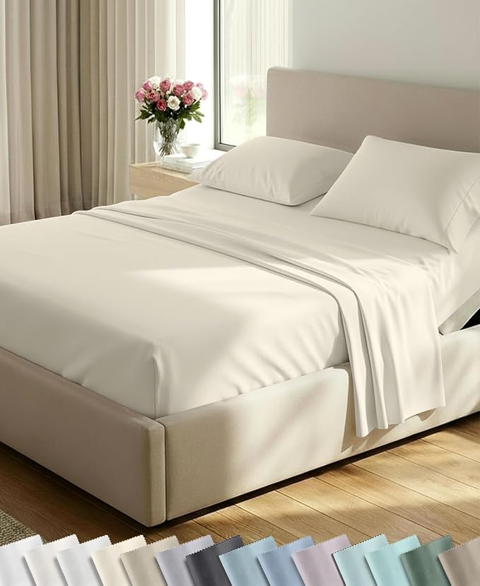 California Design Den 600 Thread Count Split King Bed Sheets, 5 Pcs, Cream | 100% Cotton Sateen, Good Housekeeping Seal, Split King Sheets Sets for Adjustable Bed with 2 Separate Twin-XL Mattresses