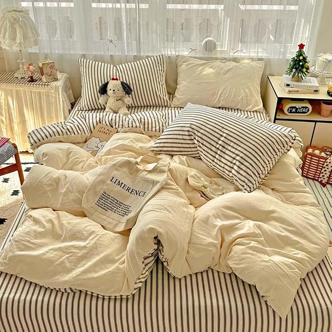 Nayoroom Striped Duvet Cover Queen Size Brown Stripe Reversible Yellow Duvet Cover Aesthetic Dorm Bedding Set 3 Pieces Soft Microfiber Farmhouse Bedding Set Gifts for Women Men