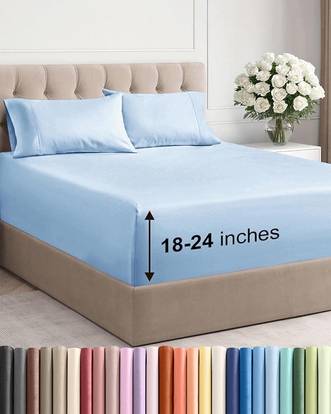 Extra Deep Twin Sheet Set - 4 Piece Breathable Cooling Sheets - Light Blue | Hotel Luxury Bed Sheets Set, Easy & Secure Fit, Ultra-Soft, Wrinkle & Fade Free, Comfy Sheets Set with Extra Deep Pockets