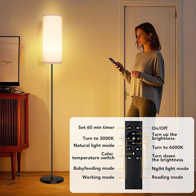 PARTPHONER Modern Floor Lamp with Remote Control - Stepless Dimmable LED Bulb, Adjustable Color Temperature & Brightness, Minimalist Tall Lamp for Living Room, Bedroom, Office, White