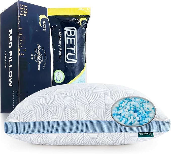 BETU Cooling Pillows Queen Size Set of 2, Shredded Memory Foam Cool Pillows for Hot Sleepers, Adjustable Firm Soft Support Bed Pillows Perfect for Back Neck Pain and Side Sleeping with Cover, Blue
