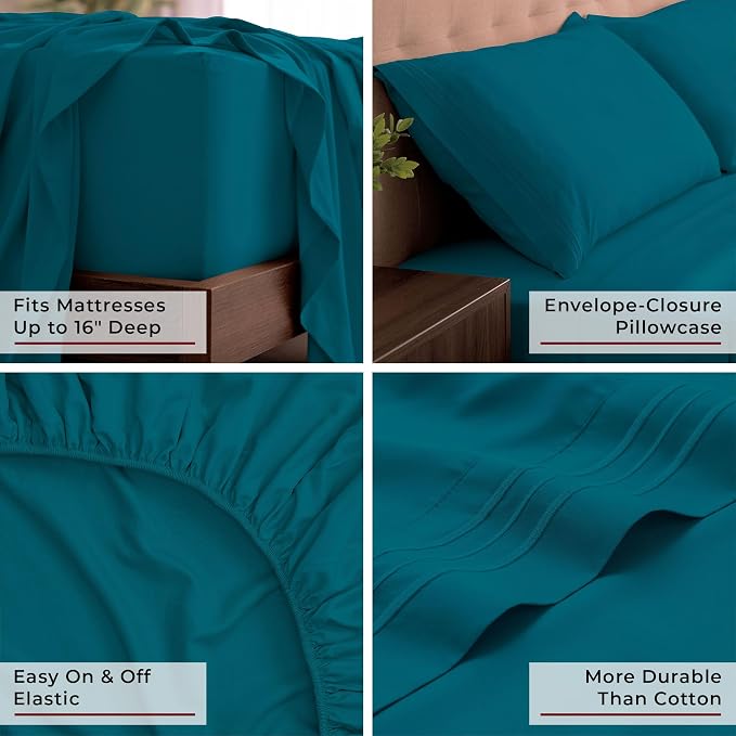 Mellanni Iconic 4-Piece, Ultra Soft Sheet Set (King, Teal) | 10M+ Sleepers. Lab-tested: Sleeps Cool, Stays Bright, Strong, Smooth. Good Housekeeping Best Bedding, 7 yrs running.