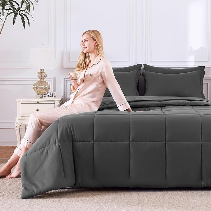 Queen Comforter Set, 7-Piece Bed in a Bag, Dark Grey | OEKO-TEX Certified, Box-Stitched Design, 240 GSM Down Alternative Fill, All-Season Comfort, Sheets, Pillowcases & Shams
