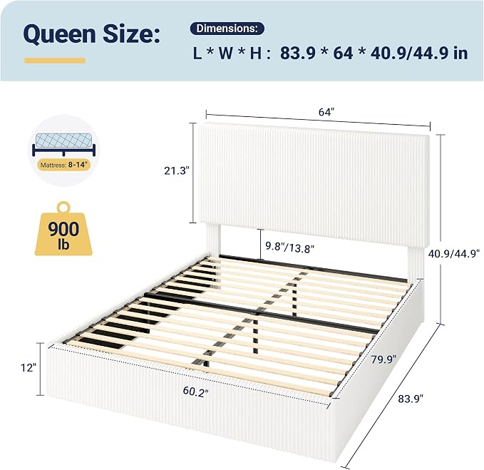 Allewie Queen Bed Frame, Adjustable Corduroy Headboard, Platform, White | Adjustable Headboard, Corduroy Fabric, Low Profile, Wooden Slats, 900 lb Capacity, No Box Spring Needed