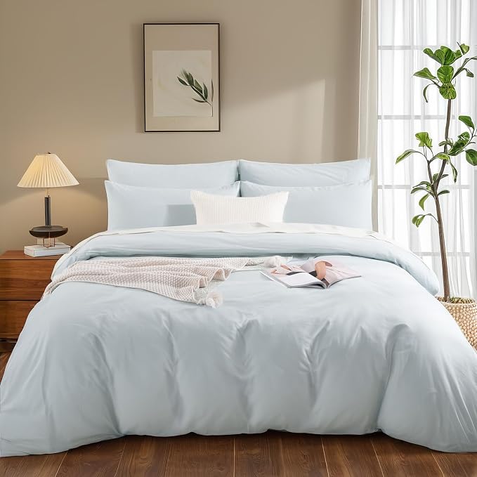 NEXHOME PRO Duvet Cover Set Queen Size Linen Look Textured Natural 100% Organic Cotton Duvet Cover 3 Pieces Bedding Set with Zipper Closure, Soft, Light Baby Blue (No Comforter)