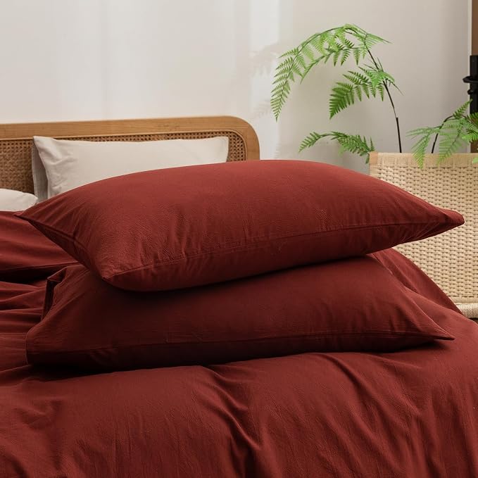 BESTOUCH Cotton Solid Duvet Cover Set Fired Brick Red Oversized Full | 100% Washed Cotton, Soft Wrinkle Texture, Hidden Zipper, 8 Ties, Breathable Lightweight Durable Comfy, 3 Pcs No Insert