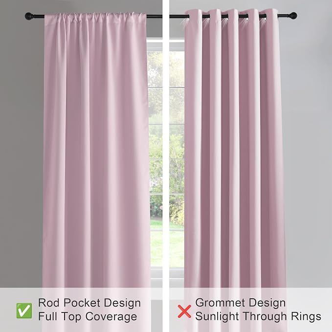 PONY DANCE Room Darkening Curtains - Kitchen Solid Thermal Draperies Rod Pocket Short Panels Drapes for Bedroom Window Treatments, 52 W by 54-inches L, Light Pink, Set of 2
