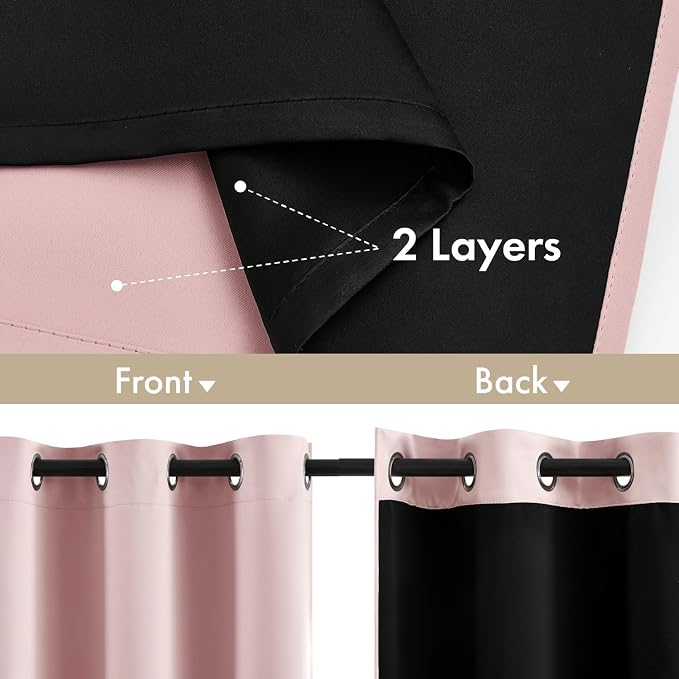 MIULEE Light Pink 100% Blackout Short Curtains for Bedroom 40x54 Inch | 2 Thick Layers Thermal Insulated Short Curtains with Black Liner, Noise Reducing Grommet, Drapes for Living Room 2 Panels