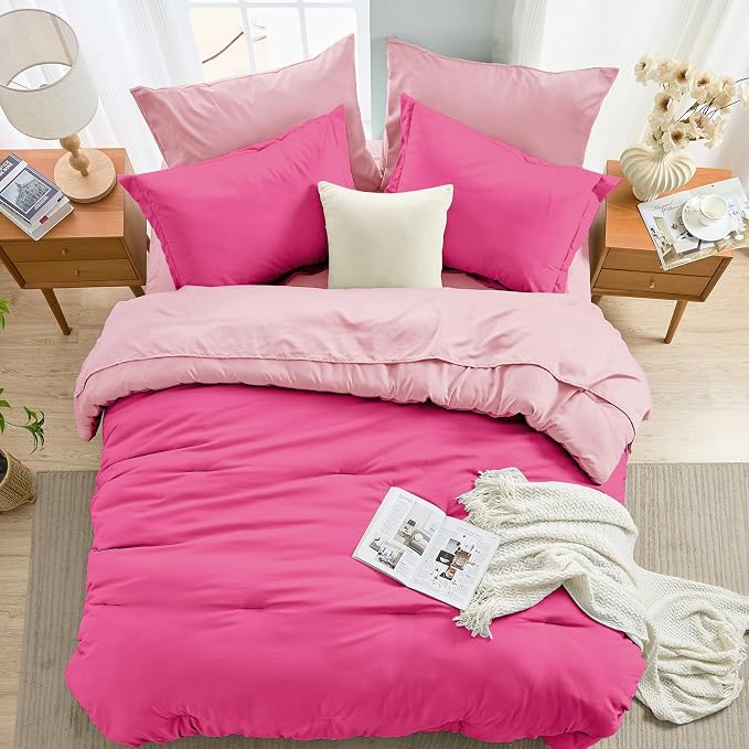7 Pieces King Comforter Set, Soft Bed in a Bag King Size, All Season Bedding Set with Comforter, Flat Sheet, Fitted Sheet, Pillowcases & Shams, Hot Pink & Baby Pink