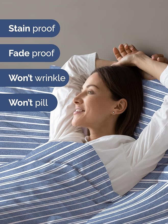 Duvet Cover Full Size - 3 Piece with Zipper Closure - Blue Stripes | Extra Soft, Breathable, Full Duvet Cover 80" x 90" with 2 Pillow Shams, Zipper Closures & Ties, Women, Men, Kids & Teens