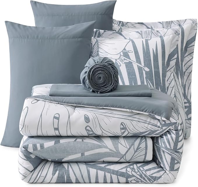 Queen Comforter Set - 7 Pieces Blue Jungle Bed in a Bag Queen Bedding Sets | All Season Botanical Tropical Palm Leaf Comforter Set with Sheets, Pillowcases & Shams