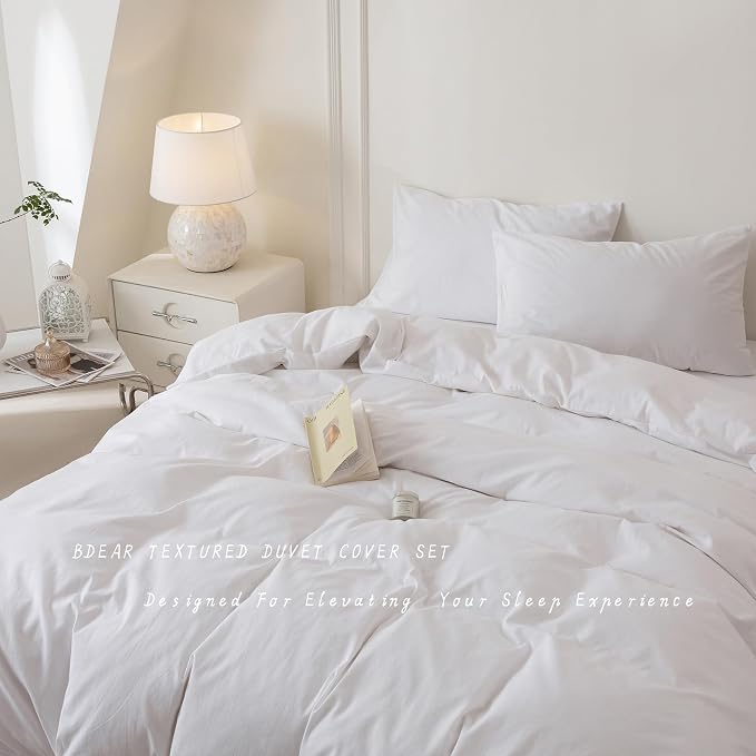 BDEAR 3Pcs Bright White Duvet Cover Set Queen Size 90" L x 90" W,Oeko TEX | 100% Washed Cotton, 1 Duvet Cover with 2 Pillowcases, Zipper Closure, 8 Corner Ties,Linen-Liked Texture, Skin Friendly
