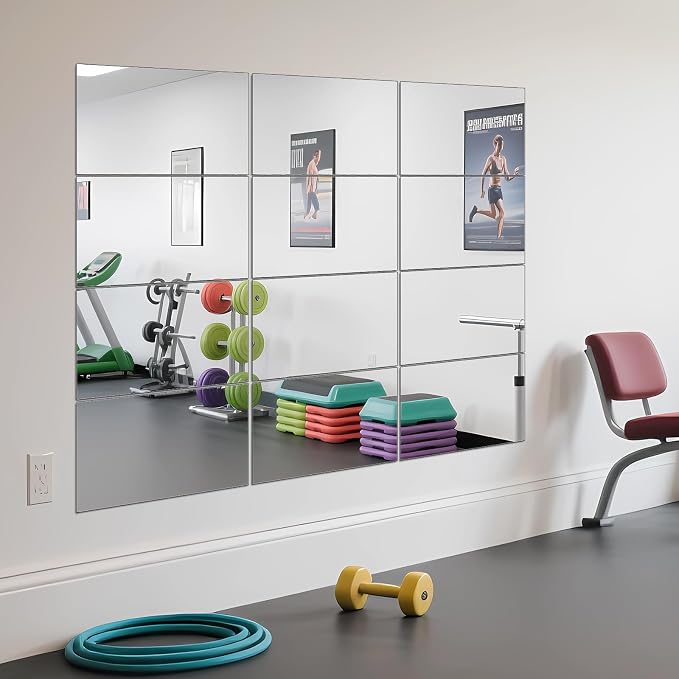 Wall Mirror Tiles, 16" x 12" x 12PCS Home Gym Mirror Tiles Frameless Glass | Workout Mirror Tiles for Garage, Bedroom, Living Room, Over The Door, Frameless Mirror Sets