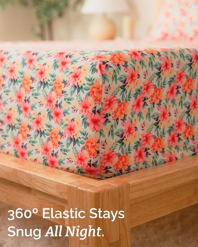 King 4 Piece Floral Sheet Set - Breathable & Cooling - Sunset Hibiscus | 1 Flat, 1 Fitted & 2 Pillowcases w/ Deep Pockets, Boho Botanical Floral Bedding, Breathable & Cooling, Wrinkle & Fade Free