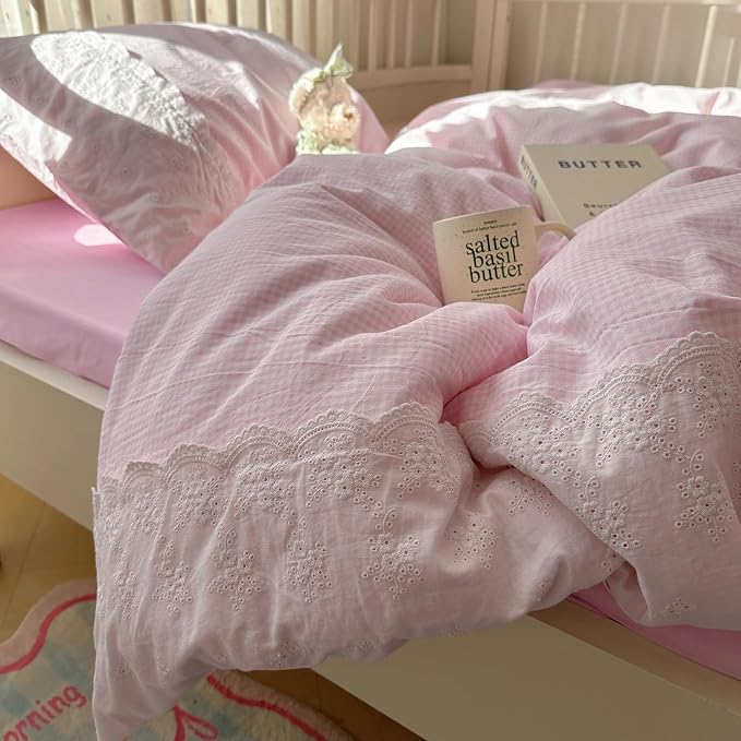 mixinni Pink Gingham Duvet Cover Queen Size - 3 Piece Cottagecore Plaid Bedding Set with Lace Trim, Soft Washed Microfiber Vintage Aesthetic Grid Comforter Cover & Pillow Shams, (Pink White Gingham)