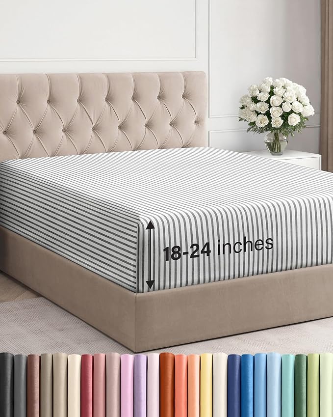 Extra Deep King Fitted Sheet - Single Fitted Sheet Only - Grey Stripes | Easily Fits 18 inch to 24 inch Mattress, Soft, Wrinkle Free, Breathable & Comfy, Extra Deep Pockets Hotel Luxury Fitted Sheet
