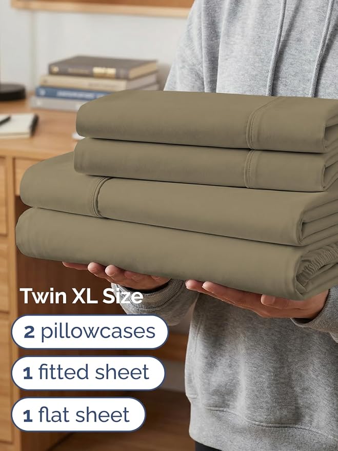 Extra Deep Twin XL Sheet Set - 4 Piece College Dorm Room - Khaki | College Dorm Room Essentials, Easy & Secure Fit, Ultra-Soft, Wrinkle & Fade Free, Comfy Sheets Set with Extra Deep Pockets