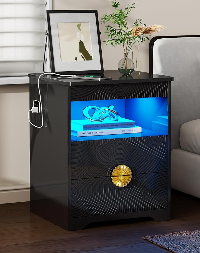 FREDEES LED Nightstand Set 2 with Gun Drawer & Charging Station | 3-Color Lights & Human Body Sensor, Smart Charger Station, 2 DrawersHidden Storage, End Table Bedroom Livingroom