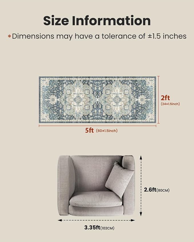 AMADA HOMEFURNISHING 2x5 Washable Runner Rug, Low-Profile Kitchen Rugs with Non-Slip Backing & Durable Edge Binding, Vintage Entryway Runner Rug for Bedroom & Hallway
