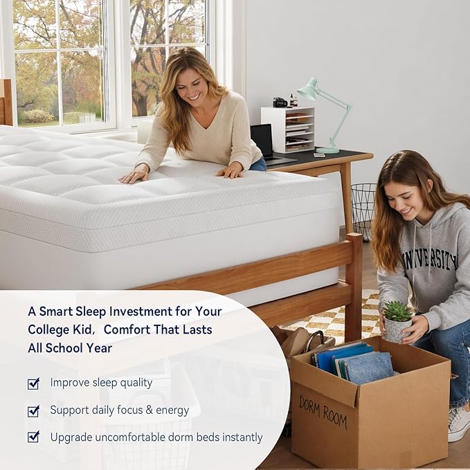 ELEMUSE Twin XL College Dorm Essentials 3 Inch Memory Foam Mattress Topper | Dual Layer Design, 2 Inch Cooling Gel Foam and 1 Inch Soft Pillow Top Bed Pad, Back to School, Comfortable Support