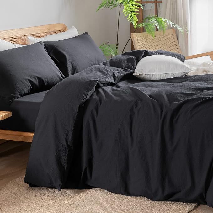 BESTOUCH Cotton Solid Duvet Cover Set Linen Feel Deep Black Oversized King | 100% Washed Cotton, Soft Wrinkle Texture, Hidden Zipper, 8 Ties, Breathable Lightweight Durable Comfy, 3 Pcs No Insert