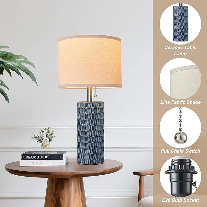 Reaketon 20.5" Modern Ceramic Table Lamps for Bedroom Set of 2, Bedside Lamps for Night Stands with Beige Lampshade, Farmhouse Table Lamp for Living Room Office Dorm, Blue