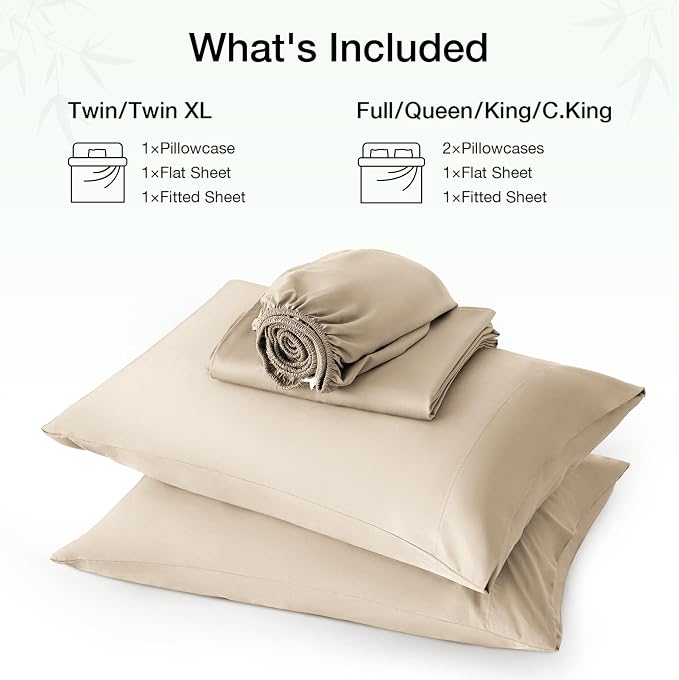 Love's cabin 4 Piece King Size Sheet Set, 100% Rayon Derived from Bamboo, Cooling & Breathable, Soft Silky Deep Pocket up to 16", Hotel Luxury Bedding for Hot Sleepers, Dark Beige