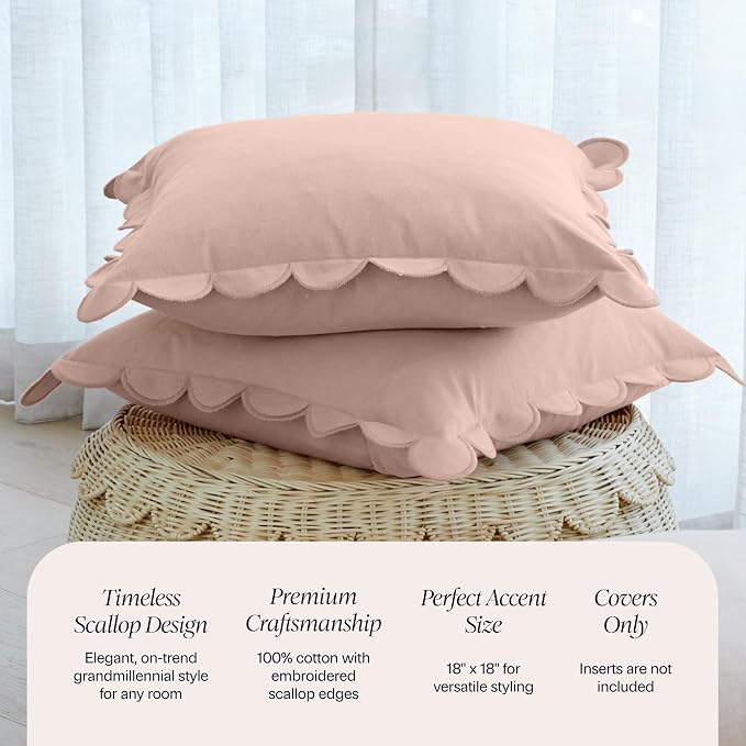 BEBE BASK Scalloped Pillow Cover Set of 2, 18x18, Cotton - Peach Pink | 100% Cotton, Scallop Pillow Covers, Grandmillennial Style, 18 by 18 Inch, Easy to Care, Machine Washable, Scalloped Pillows