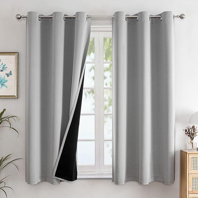 ChrisDowa 100% Blackout Curtains for Bedroom 63 Inch Long with Black Liner | 2 Thick Layers, Thermal Insulated, Grommet, Window Treatment, Living Room Drapes, 2 Panels Set, Light Grey, 38 x 63 Inch